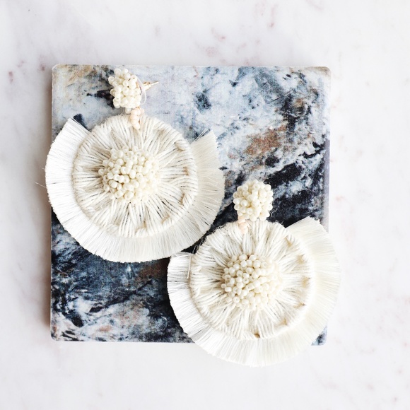 White Woven Tassel Earrings with Beaded Detailing - Picture 2 of 2